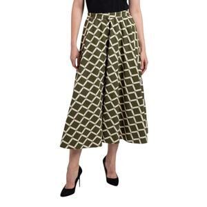 NIU NEW Olive Green Geometric Flared A-Line Skirt Midi XS